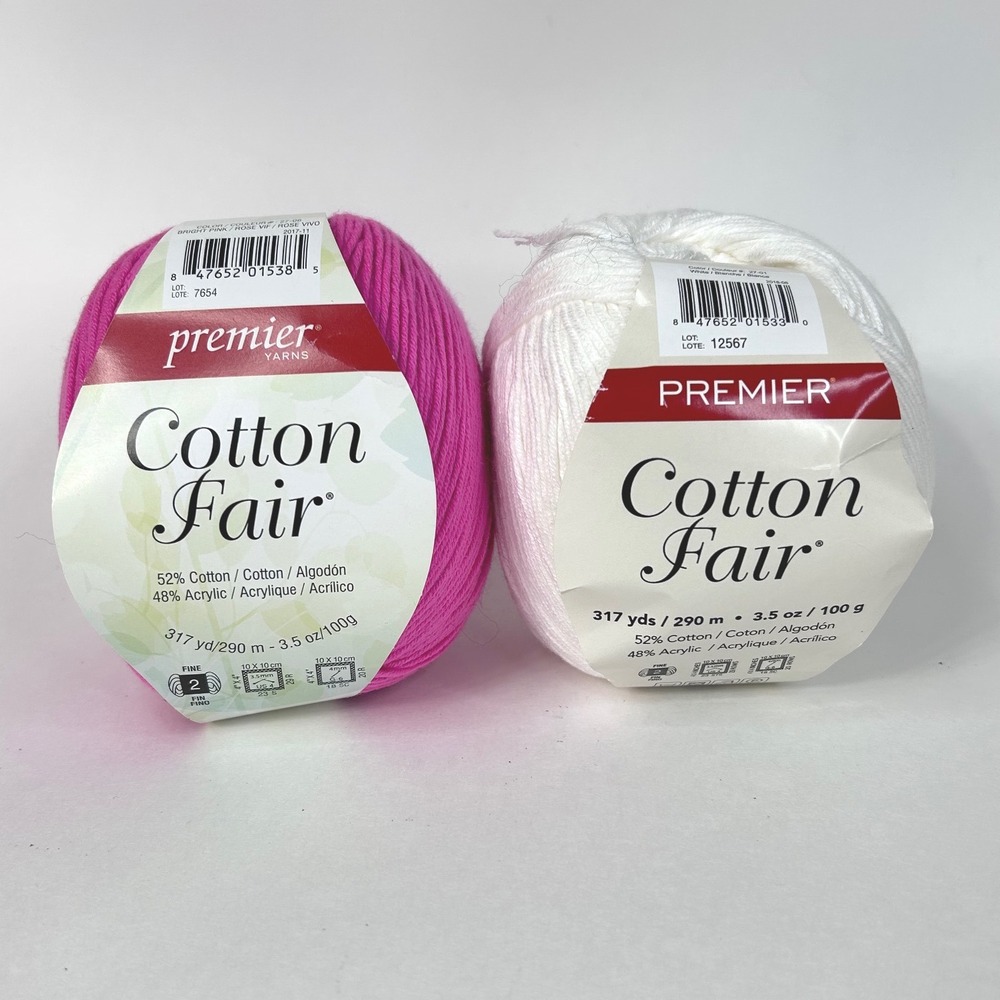 Premier Yarns Cotton Fair Lot of 2 Bright Pink White Cotton Acrylic 100g ea